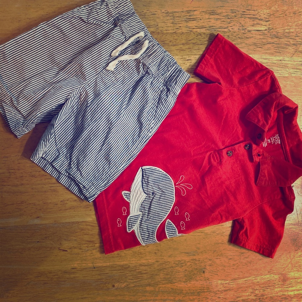 Carters red polo with whale & shorts matching set